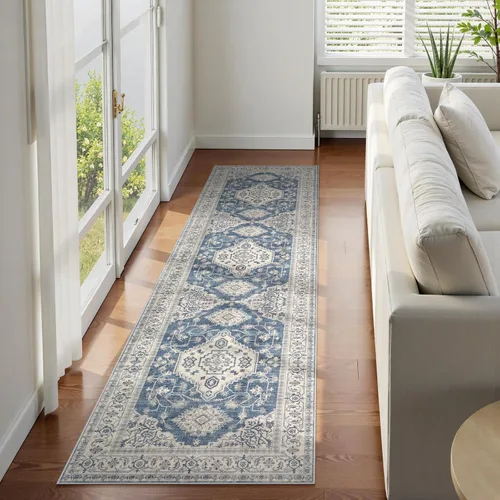 Miniatura 12 de Lahome Alfombra oriental lavable de área pequeña, 2 x 3 pies, para entrada, cocina, ultra fina, suave, tapete antideslizante para puerta de Azul