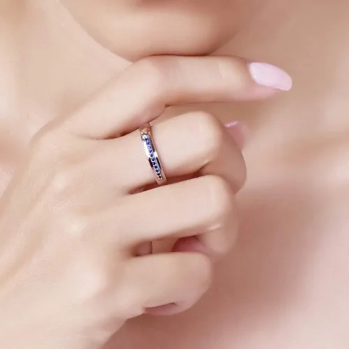 Miniatura 48 de Narica Anillo de 21 piedras chapadas en plata, apilables, corte redondo, zafiro azul, circonita cúbica, relleno de circonita cúbica, halo