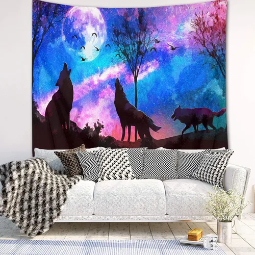 Miniatura 9 de HVEST Tapiz de lobo púrpura azul psicodélico cielo estrellado tapices luna y montañas paisaje natural para colgar en la pared para dormitorio, sala
