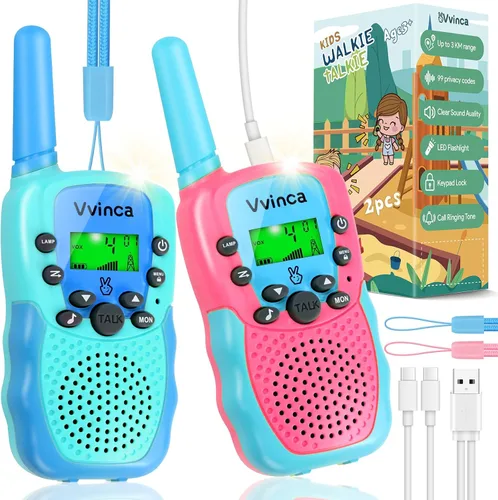 Miniatura 16 de Vvinca Walkie Talkies para niños, juguetes recargables para edades de 5 a 7 años, largo alcance, 22 canales, 2 vías, walkie talkie con linterna
