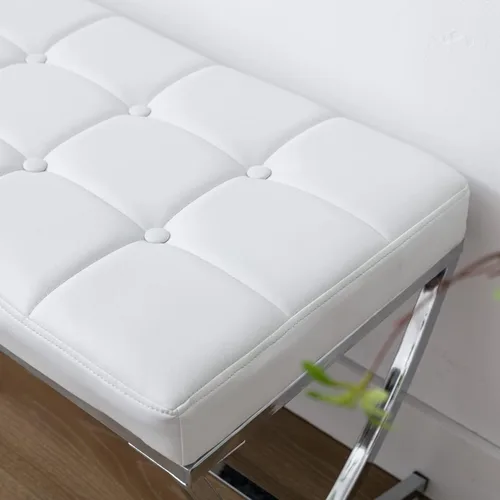 Miniatura 8 de LukeAlon Moderno banco de comedor de piel sintética, banco otomano con botones copetudos con acabado cromado en forma de X, banco tapizado
