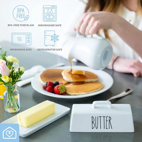 Miniatura 6 de Heartland Home Mantequera Cubierta de Porcelana con Tapa para Encimera (Tapa con Asa). Contenedor de Mantequilla de 7.6" x 3.8" pulgadas para Una
