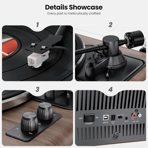 Miniatura 10 de Tocadiscos de vinilo todo en uno, tocadiscos Bluetooth integrado con 4 altavoces estéreo, preamplificador de teléfono, tocadiscos de alta fidelidad