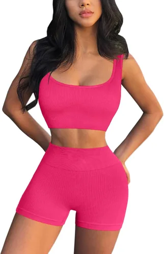 Miniatura 4 de QINSEN Conjuntos de entrenamiento para mujer, 2 piezas, sin costuras, camiseta acanalada sin mangas, pantalones cortos de cintura alta, atuendo