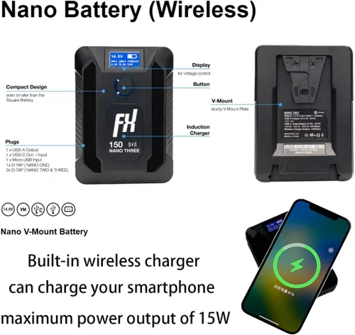 Miniatura 2 de SONGING Batería FXLION Nano ONE-PRO de 50 Wh con montaje en V y bloqueo en V con cargador inalámbrico integrado tipo C, D-tap, USB A, micro USB