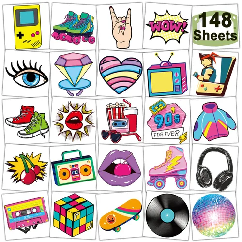 CHARLENT 148 tatuajes temporales temáticos de los años 90 y 80 para niños, tatuajes individuales retro para niños y niñas, regalos de fiesta de