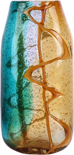 Bonito jarrón de vidrio soplado a mano, floreros de vidrio de colores para decoración del hogar, florero decorativo de Murano ámbar y verde azulado