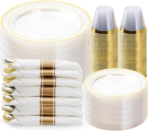 BESTVIP - Juego de vajilla de plástico dorado transparente de 350 piezas para 50 invitados, plato desechable para fiestas de Navidad y Año Nuevo,