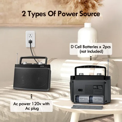 Miniatura 6 de AM FM Radio portátil enchufable de pared o batería para el hogar y al aire libre, fuerte recepción y sonido estéreo, fácil de usar, conector de Negro
