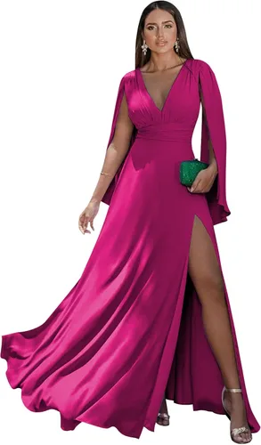 Miniatura 5 de Women's Long Sleeve Bridesmaid Dresses V-Neck Chiffon Ruched Formal Dress Evening Gown with Slit
