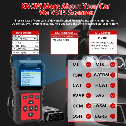 Miniatura 7 de V315 OBD2 Herramienta de diagnóstico, lector de código, herramienta de diagnóstico de luz de motor, probador de voltaje de batería, para coches