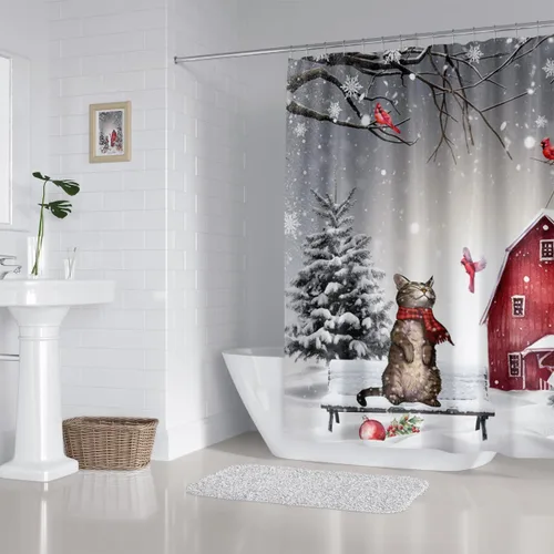 Miniatura 4 de Cortina de ducha con diseño de gato de Navidad, árbol de pino, cardenal, pájaro, muñeco de nieve, cabaña, copo de nieve, escena de vacaciones
