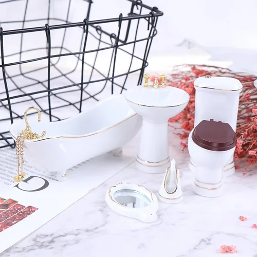 Miniatura 6 de 1:12 Juego de baño de porcelana en miniatura para casa de muñecas, 5 piezas, lavabo de cerámica blanca, espejo de bañera, muebles en miniatura