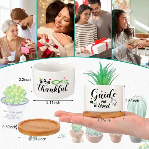 Miniatura 2 de 6 piezas de juego de regalos con versículos de la Biblia cristiana, gracioso juego de macetas para plantas suculentas con bandeja de bambú, maceta