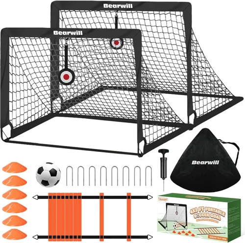 Bearwill Portería de fútbol, porterías de fútbol para niños para patio trasero, juego de 2, portería de fútbol portátil emergente de 4x3 pies con