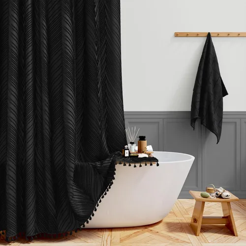 BTTN Cortina de ducha bohemia de 36 x 72 pulgadas, con textura de hojas copetudas y borlas y 6 ganchos, cortinas de ducha modernas estilo rústico