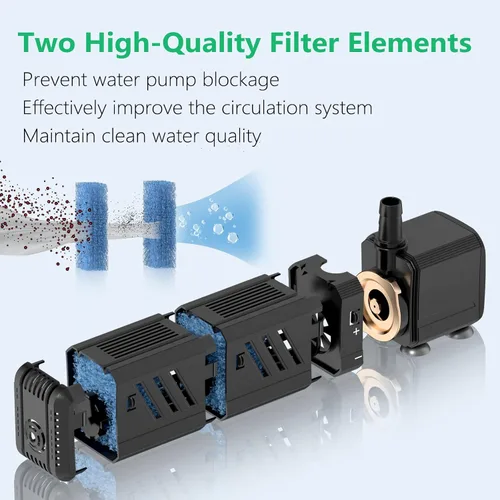 Miniatura 3 de Filtro de acuario, filtro de tanque de tortuga Insputer de 8 W con 2 filtraciones de esponjas, filtros sumergibles ajustables de 200 GPH para agua