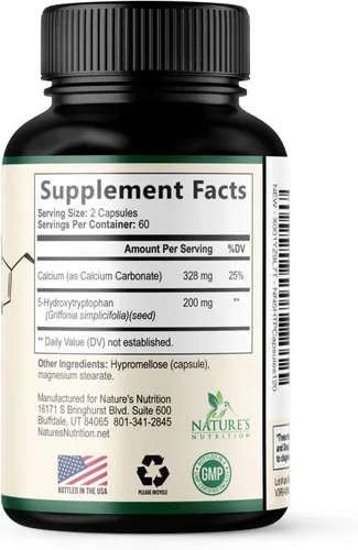 Miniatura 9 de 5 cápsulas de hidroxitriptófano – 200 mg por porción Suplemento 5 HTP más calcio para la salud cerebral y apoyo al sueño, fórmula extra fuerte