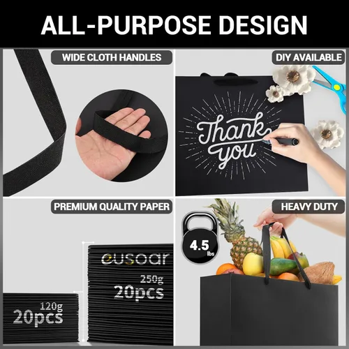Miniatura 3 de EUSOAR Bolsas de compras negras con asas, paquete de 20 bolsas de papel kraft de 8.6 x 3.9 x 7 pulgadas con asas, para negocios, comestibles, Negro