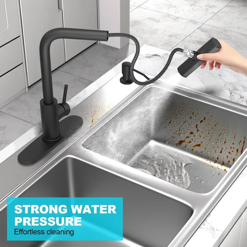 Miniatura 5 de AVSIILE Grifos de cocina en cascada de color negro mate con rociador desplegable y dispensador de jabón, un solo orificio y mango, grifo extraíble