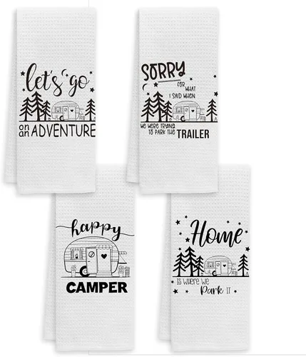 Voatok Let's Go On an Adventure Happy Camper - Toalla de baño para campamento, regalo inspirador para campistas, juego de 4 toallas decorativas