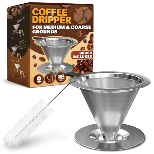 Gotero para verter sobre café, cafetera de acero inoxidable de 3.18 x 4.48 pulgadas con mango de plástico grande, base ancha y segura y un cepillo