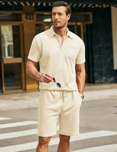 Miniatura 17 de COOFANDY Conjunto de camisa polo y pantalones cortos de punto gofre para hombre, conjunto de 2 piezas, traje de verano casual con bolsillos