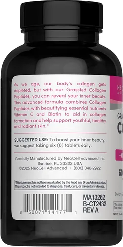 Miniatura 4 de NeoCell Advanced Péptidos de colágeno 270 tabletas 6000 mg para mujeres y hombres con vitamina C y biotina Sin OMG, gluten y soja