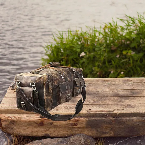 Miniatura 7 de Bolsas de lona grandes para hombre, bolsa de viaje de cuero para gimnasio, deportes, fin de semana, Marrón, Bolsa de cuero