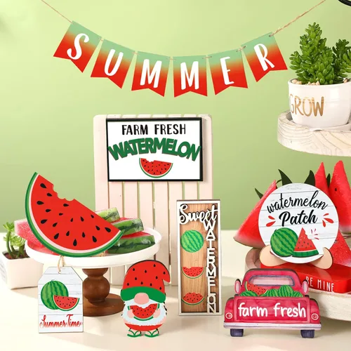 Miniatura 5 de Juego de 13 piezas de decoración de bandejas escalonadas de sandía de verano, letrero de madera de verano de madera de Hawaii, decoración de bandeja