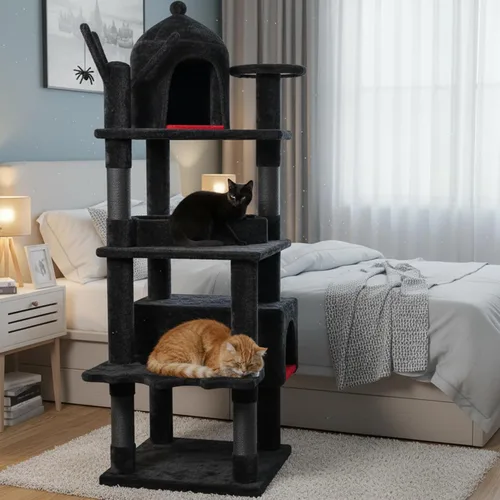 Miniatura 3 de BEWISHOME Árbol para gatos resistente, 63 pulgadas, árboles para gatos grandes, torre gótica para gatos con cama de ataúd, casas para gatos