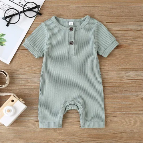 Miniatura 75 de Mameluco unisex de manga corta para bebé recién nacido, con botones, de una pieza, ropa de color sólido