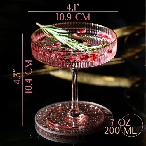 Miniatura 2 de GLASSIQUE CADEAU Vasos vintage Art Deco Blush Pink Coupé con bordes dorados Juego de 4 Cristalería de cóctel acanalada de cristal de 7 onzas
