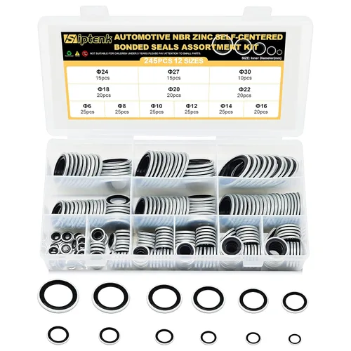 Miniatura 11 de Siptenk Juego de 165 arandelas de sellado autocéntricas automotrices surtidas de metal chapado en zinc negro NBR Dowty sellando junta tórica Juego
