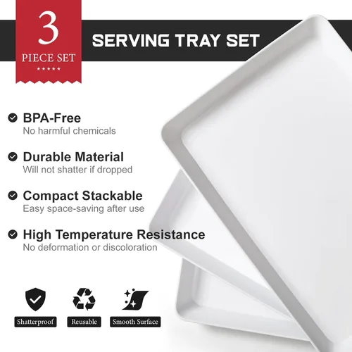 Miniatura 3 de 3 paquetes, 40 x 28 centímetros Bandejas grandes blancas reutilizables de plástico para servir galletas, aperitivos, charcutería, bocadillos
