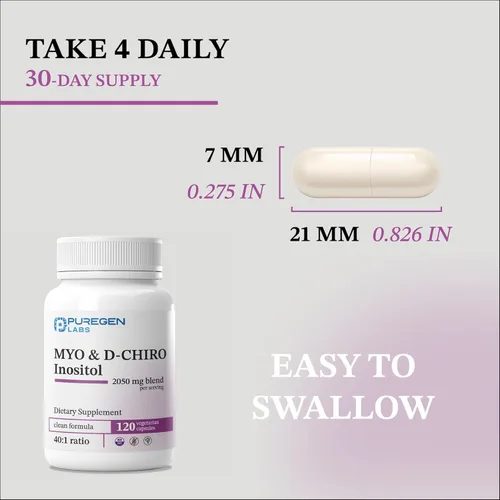 Miniatura 4 de Puregen Labs - Suplemento de inositol Myo inositol y D-Chiro Inositol 2050mg - 120 cápsulas vegetales Sin aditivos nocivos Sin OMG, sin gluten