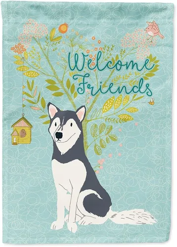 Caroline's Treasures BB7594CHF - Bandera de casa de Husky siberiano con texto en inglés "Welcome Friends" (texto en inglés "Welcome Friends"),