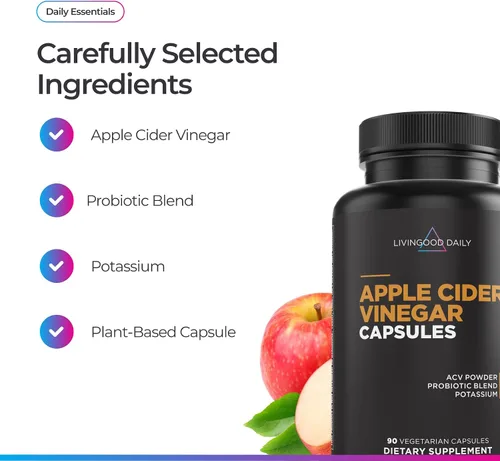 Miniatura 2 de Livingood Daily Cápsulas de vinagre de sidra de manzana con la madre (1500 mg) – Pastillas ACV con probióticos y potasio para mujeres y hombres