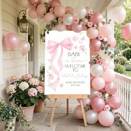 Miniatura 4 de Letrero de bienvenida personalizado con lazo rosa, editable imprimible para fiesta de bebé, letrero de baby shower con lazo rosa #4 Baby Shower #4