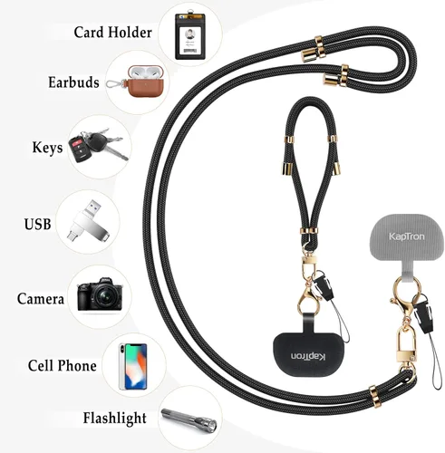 Miniatura 6 de Kaptron 2 cordones para teléfono celular: correa universal ajustable para teléfono y correa de muñeca, con 2 clips de langosta y 2 parches de Negro