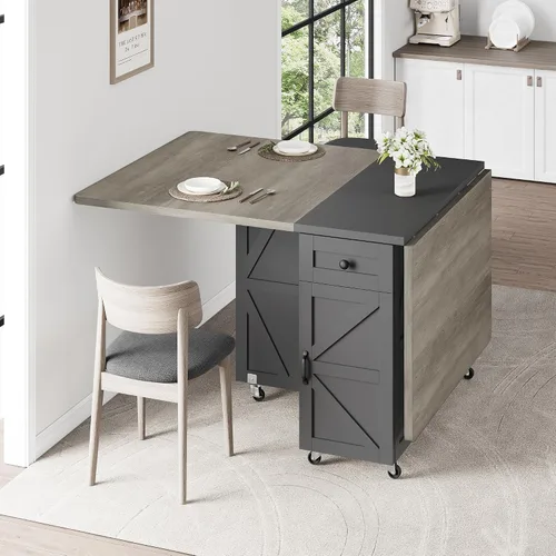 Miniatura 4 de Jocoevol Mesa de comedor plegable ahorradora de espacio para 4, mesa de comedor plegable estilo granja con cajón y estante de almacenamiento de 2