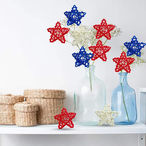 Miniatura 4 de EBaokuup 36 estrellas de ratán natural del 4 de julio, estrellas de ratán de mimbre de 1.96 pulgadas, color rojo, blanco y azul, para decoración