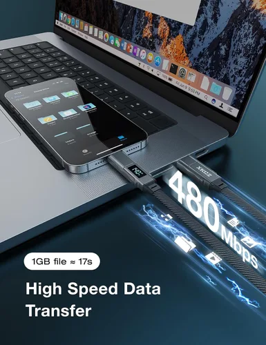 Miniatura 6 de XKCZ Cable USB C 4 en 1 con pantalla de potencia, cable de carga múltiple trenzado de nailon plano de 140 W con sincronización de datos, cable