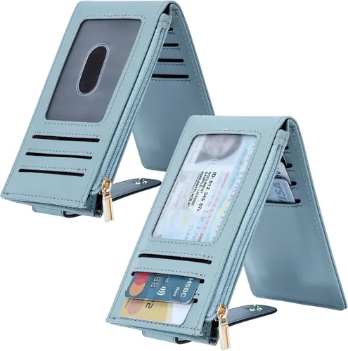 Miniatura 2 de Chelmon Billetera delgada para mujer, con bloqueo RFID, plegable, con bolsillo con cremallera, Azul, Minimalista
