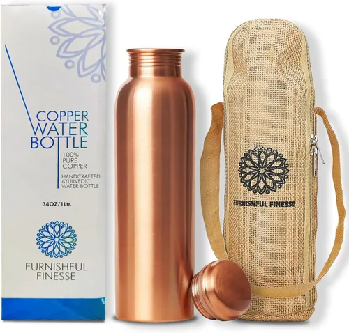 Botella de agua de cobre 100% puro de 34 onzas – Recipiente de cobre ayurvédico grande liso para agua potable, a prueba de fugas, sin BPA, viajes y
