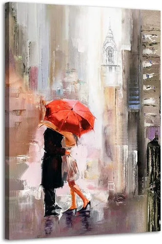 RUISHI Lienzo decorativo para pared, impresiones giclée modernas, paisaje urbano de Nueva York, pintura romántica, amantes bajo el paraguas rojo,