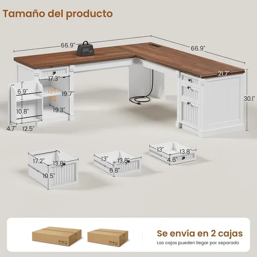 Miniatura 2 de SEDETA Escritorio en forma de L con 4 cajones, escritorio ejecutivo de oficina en casa de 67 x 67 pulgadas con cajones de archivos y gabinete