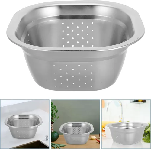 Miniatura 8 de VOSAREA Lavabo cuadrado de acero inoxidable, colador de metal, colador cuadrado de gran capacidad, para frutas, cocina, lavado de verduras