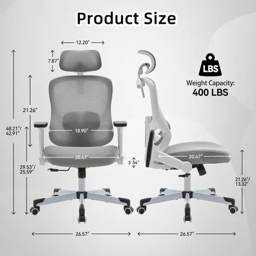 Miniatura 2 de Silla ergonómica de oficina reclinable para videojuegos, soporte lumbar ajustable, reposabrazos 4D, reposacabezas 6D, sillas giratorias de malla Gris