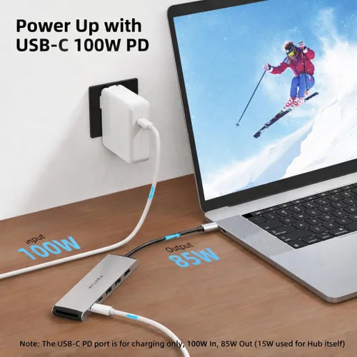 Miniatura 4 de Hub USB C, WALNEW 7 en 1, estación de acoplamiento USB-C con HDMI 4K, 100 W PD, 3 puertos de datos de 5 Gbps (1 USBC y 2 USB 3.0), lector de Plateado